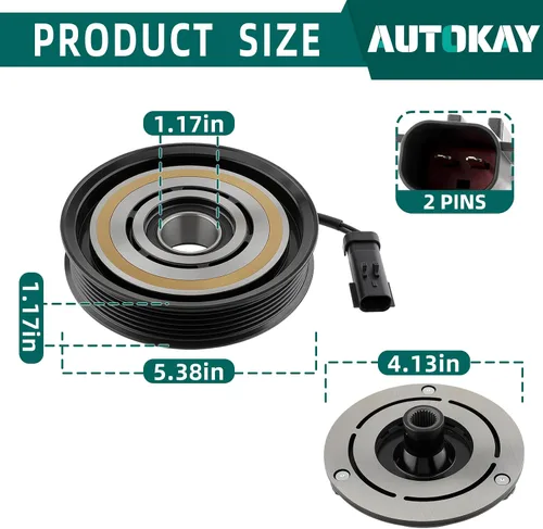 Vista 2 de AUTOKAY Kit de ensamblaje de embrague del compresor de CA compatible con Dodge Dakota 6 CYL 3.7L 8 CYL 4.7L 2004-2007 10S17C 55056435AB