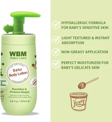 Vista 4 de WBM Care Baby Gift Set 5 productos esenciales para el cuidado de la piel del bebé: loción para bebés, champú para bebés, crema facial, polvo