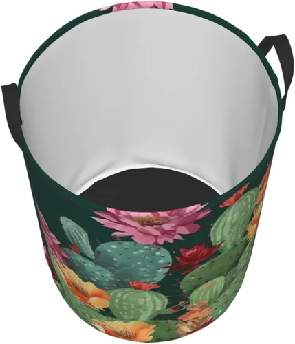 Vista 3 de Cesto circular con estampado floral de cactus, impermeable, cesta organizadora de lavandería, con asas, para ropa, juguetes, pequeña