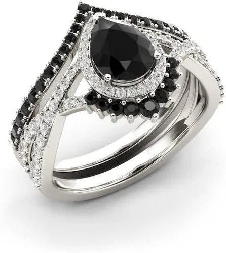 Vista 5 de Anillo de compromiso de ónix negro en forma de pera, halo de oro rosa, único juego de anillos de compromiso de piedra negra para mujer, anillo