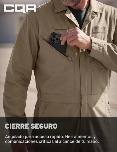 Vista 7 de CQR - Overol para hombre con manga corta, cremallera frontal, múltiples bolsillos, resistente a las manchas y a las arrugas Vortex Álamo Caqui