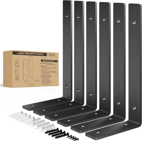 Vista 8 de BATODA Paquete de 6 soportes de estante resistentes de 8 pulgadas de largo - Soportes de estante en L negros - Soportes de gancho para estantes