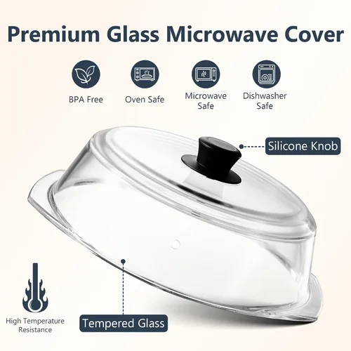 Vista 3 de Tapa protectora contra salpicaduras de microondas de vidrio para platos de comida y utensilios de cocina con guantes para horno, tapa protectora