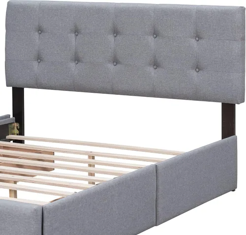 Vista 7 de Harper & Bright Designs Cama de plataforma tapizada tamaño Queen con almacenamiento, marco de cama Queen con 4 cajones y cabecero copetudo para Lino