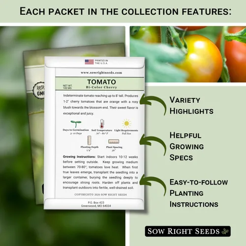 Vista 2 de Sow Right Seeds - Colección de semillas de tomate cherry para plantar - Tomates cherry negros, rojos grandes, blancos, naranjas, cherry bicolor
