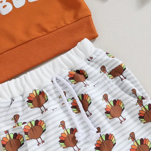 Vista 5 de Conjunto de 2 piezas de ropa de Acción de Gracias para bebé, sudadera con cuello redondo y estampado de letras, pantalones de pavo, 2