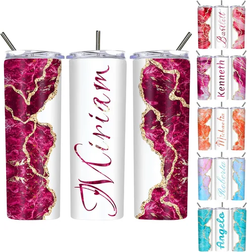 Vista 16 de Vasos delgados personalizados con tapas y pajitas de 20 onzas, diseño de mármol personalizado, vasos de acero inoxidable delgados con nombre