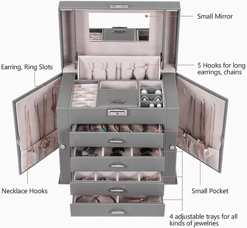 Vista 6 de BEWISHOME Joyero organizador de caja de joyería con cajones caja organizadora de collares regalo ideal para mujeres y niñas con espejo de cerradura