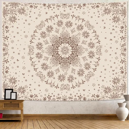 Vista 14 de Fowocu Tapiz bohemio con mandala floral para colgar en la pared, medallón de flores bohemias, tapiz estético, beige, naranja, hippie, indio, pequeño