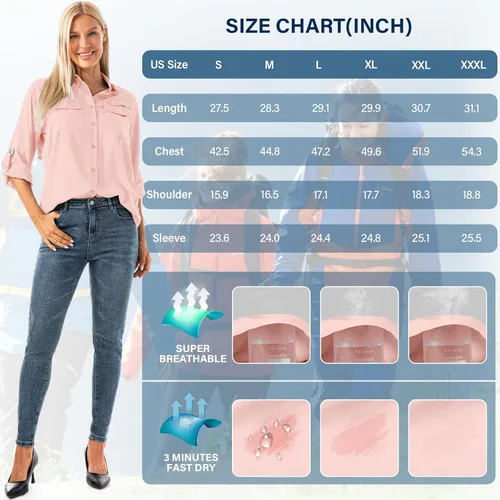 Vista 6 de Camisas de safari para mujer, manga larga, protección solar al aire libre, secado rápido, pesca, senderismo