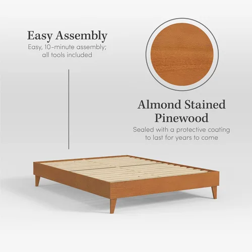 Vista 3 de Plataforma moderna para cama - Diseño de madera maciza - Fabricado en Estados Unidos - Fácil de armar, Madera, almendra
