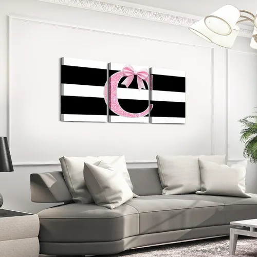 Vista 19 de Erosebridal Lienzo decorativo con monograma de 12 x 16 pulgadas, diseño de letra inicial de lazo rosa, decoración de pared, rayas blancas y negras