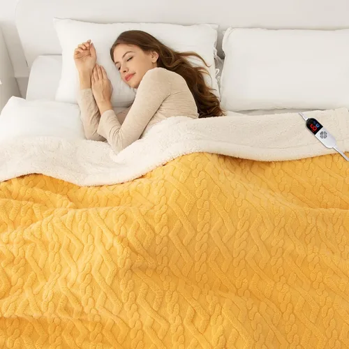 Vista 9 de Manta eléctrica tamaño individual 62"X84" amarilla - Manta cálida y gruesa de sherpa con calefacción para invierno con 5 niveles de calentamiento
