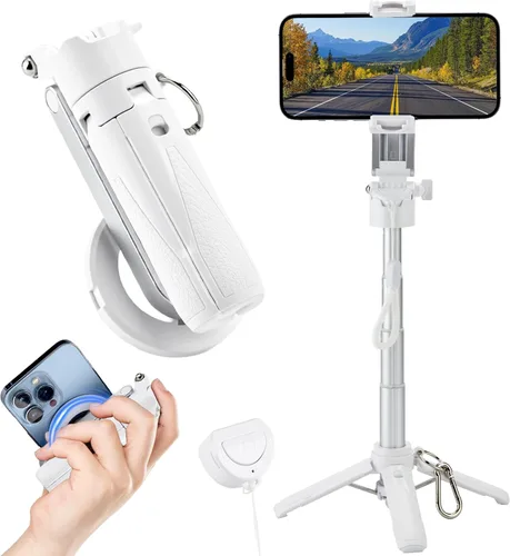 Vista 10 de MQOUNY para soporte trípode Magsafe para iPhone, palo selfie portátil de bolsillo con control remoto recargable y anillo de metal, trípode