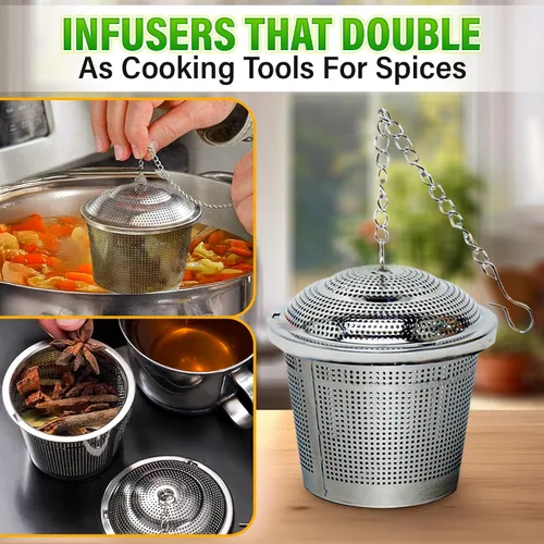 Vista 8 de Conjunto de 1 infusor de té grande, 2 infusores pequeños y cuchara con clip para bolsa - Infusor de acero inoxidable para té de hojas sueltas