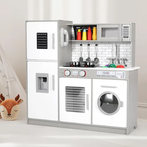 Vista 8 de Arlopu Juego de cocina para niños, juego de juguetes de madera con diseño realista, sonidos de luces, ollas y utensilios para niños y niñas a partir