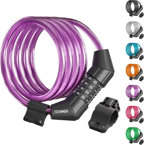 Vista 10 de Titanker Cable de bloqueo de bicicleta, bloqueo de cable de bicicleta de 4 pies, bloqueo de bicicleta autoenrollable básico para niños, combinación