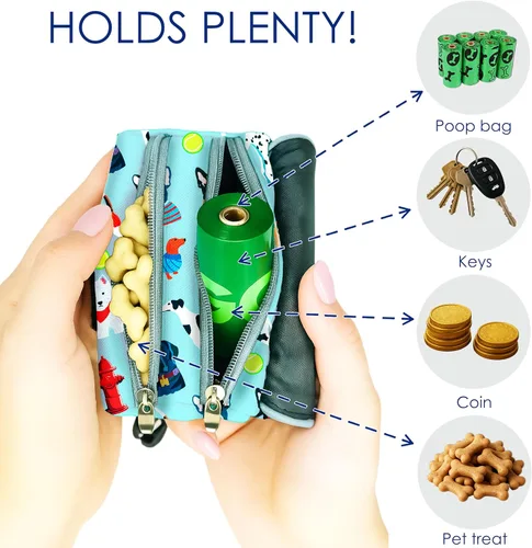 Vista 3 de Soporte para bolsa de golosinas y excrementos para perro, 2 bolsas impermeables con cremallera para accesorios de paseo de mascotas