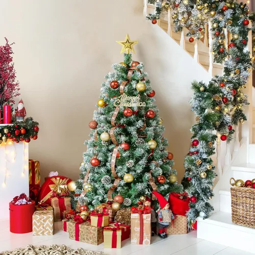 Vista 2 de CuisinSmart Árbol de Navidad artificial preiluminado con nieve, 7.5 pies, luces transparentes, sugerencias completas de PVC, conos de pino, montaje