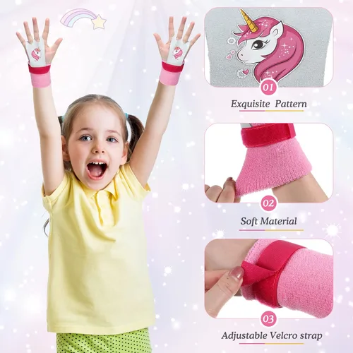 Vista 3 de Skylety Muñequeras deportivas de gimnasia para niños, con bandas rosas para el sudor, equipo de gimnasia, empuñaduras de mano para niñas, niños