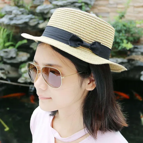 Vista 2 de Ayliss Sombrero de paja con lazo para mujer, sombrero de verano para el sol
