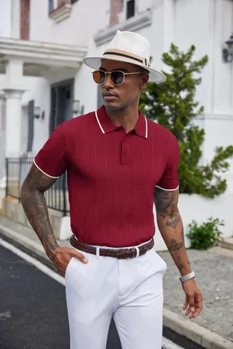 Vista 122 de COOFANDY Camisas polo de punto para hombre de manga corta con textura acanalada Camisas de golf casuales y ligeras con cuello Camiseta de polo