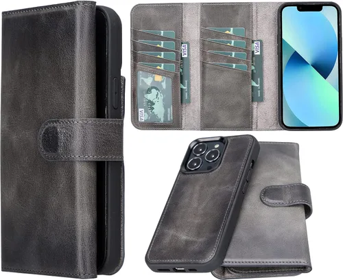 Vista 11 de Bayelon Funda compatible con iPhone 13 Pro, billetera de cuero triple de grano completo [2 en 1], funda magnética desmontable con ranuras