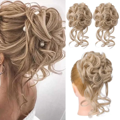 Vista 23 de HOOJIH 2 piezas de extensiones de cabello estilo moño despeinado, extensiones de cabello rizado y ondulado con tiras, cola de caballo, horquillas