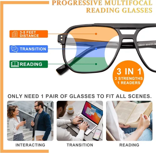 Vista 5 de JO Anteojos de lectura progresivos multienfoque para hombres y mujeres, talla XL, sin línea, lector progresivo de medio borde para medio cercano