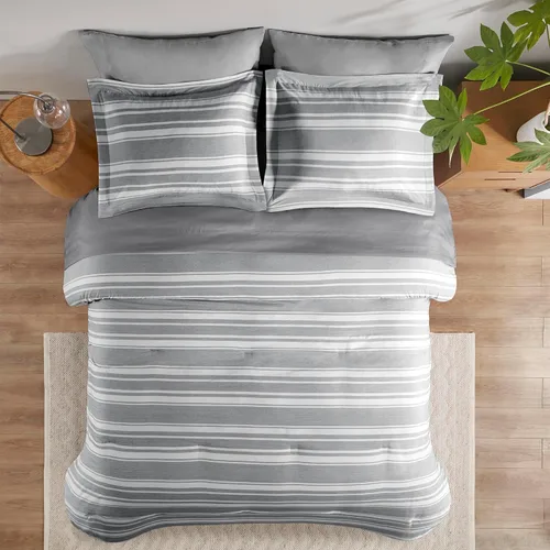 Vista 7 de Codi Juego de cama tamaño Queen en una bolsa, juego de ropa de cama matrimonial, moderno edredón de rayas grises y blancas con sábanas, juego