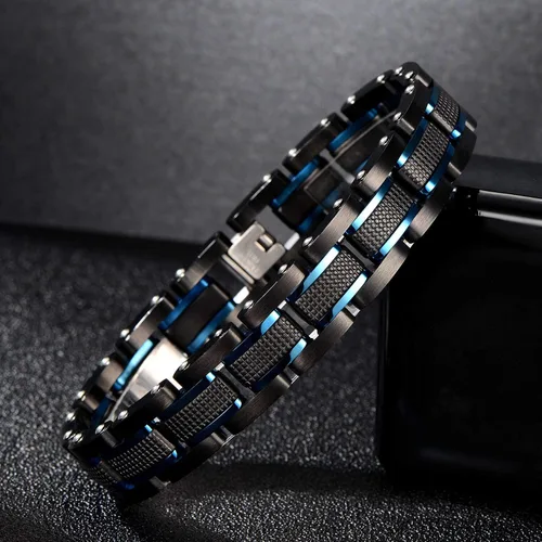 Vista 2 de Zillaly Pulsera de diamantes de eslabones cuadrados de acero inoxidable de dos tonos para hombre en negro y azul chapado en iones negro