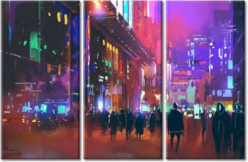 Vista 111 de Arte de pared de 3 piezas de escena de ciencia ficción de la calle comercial futurista paisaje urbano, decoración de pared para dormitorio