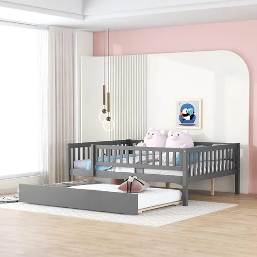 Vista 9 de Base de cama de tamaño individual con barandillas nido y vallas, camas infantiles de madera estilo Montessori con soporte de tablillas, sofá cama