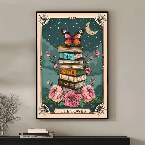 Vista 6 de Póster de libros de cartas de tarot, arte de pared, diseño de mariposa, flores botánicas, arte de pared, biblioteca, lectura, impresiones en lienzo