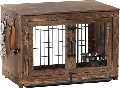 Vista 8 de Piskyet Mueble de Jaula para Perros de Madera con Cuencos para Perros Giratorios Extraíbles de 360°, Mesa Auxiliar de Jaula para Perros con Bandeja