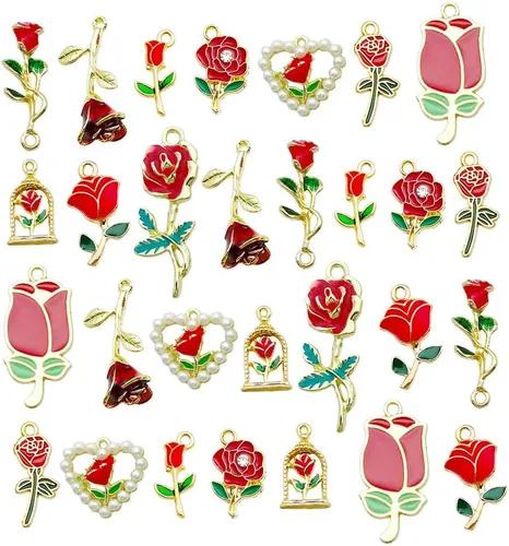 Vista 12 de WOCRAFT 24 dijes de pulsera de corazón de amor para hacer joyas, San Valentín, boda, rosa, flor, para bricolaje, collares, llaveros y suministros