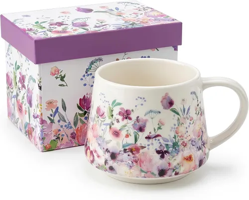 Vista 15 de Taza de cerámica de viaje de Voltugar con tapa y asa para el hogar y la oficina, taza de té alta de porcelana con diseño de olas y caja