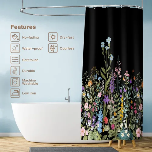 Vista 5 de Cortina de ducha Lalumix negra floral, cortinas de ducha con flores para baño con 12 ganchos, juegos de cortinas de ducha de tela de poliéster