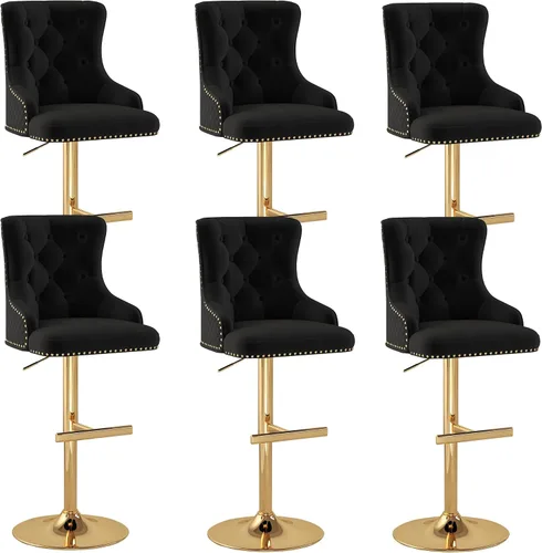Vista 17 de Juego de 2 taburetes de bar de terciopelo, altura ajustable, base de metal dorado, beige Diseño de cabeza de clavo, función giratoria, ideal