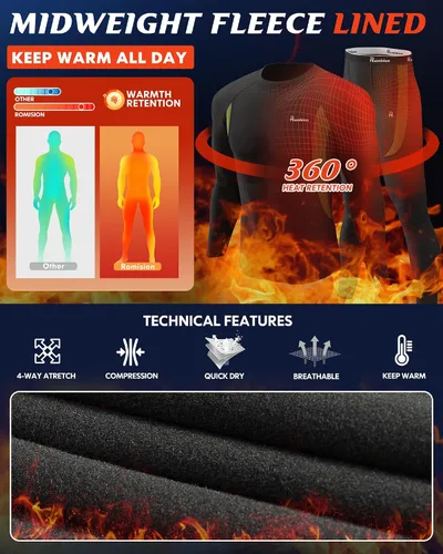 Vista 3 de romision 2 Pack Thermal Underwear for Men Long Johns Fleece Lined Hunting Gear Bottom Top Set Base Layer Cold Weather XS-4XL