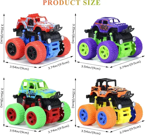 Vista 6 de Camión monstruo para niños de 3, 4, 5, 6, 7 años, paquete de 4 juguetes de automóvil impulsados por fricción Push and Go, juego de vehículos