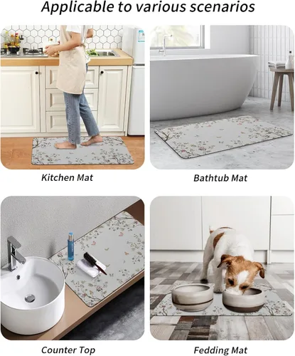 Vista 6 de Tapete de baño con diseño de árbol de flores, antideslizante, de secado rápido y absorbente, tierra de diatomeas, cocina, ducha, fregadero, lavable