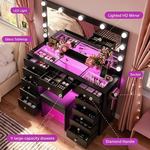 Vista 7 de CollaredEagle 45" Large Black Vanity Desk with Vibrant RGB Lighting.