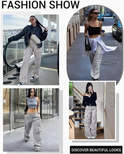 Vista 4 de DIBAOLONG Pantalones cargo para mujer, cintura alta, pantalones casuales de pierna ancha, pantalones Y2K, pantalones holgados militares, 6 bolsillos