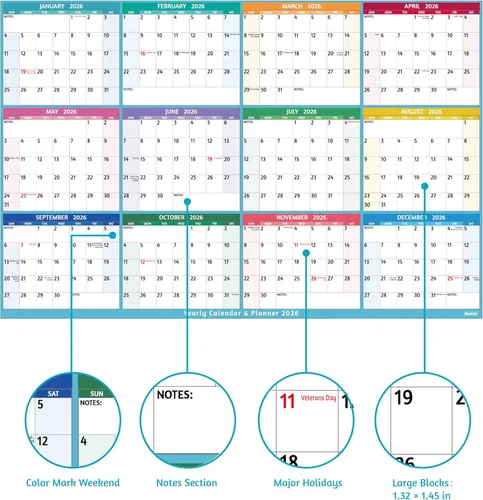 Vista 3 de Calendario anual de pared 2026, calendario anual grande 2026, enero 2026 - diciembre 2026, 25.2 x 38.2 pulgadas (abierto), calendario 2026
