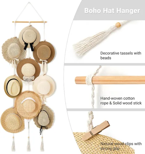 Vista 5 de Mkono Perchero para sombreros para pared, organizador de almacenamiento de gorras bohemias con borlas decorativas, soporte de exhibición moderno