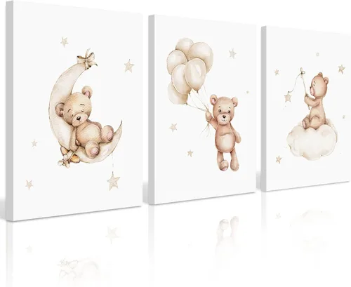 Vista 12 de Baccone Arte de pared para habitación de guardería con oso de peluche, póster para habitación de bebé niño o niña, decoración de pared de guardería