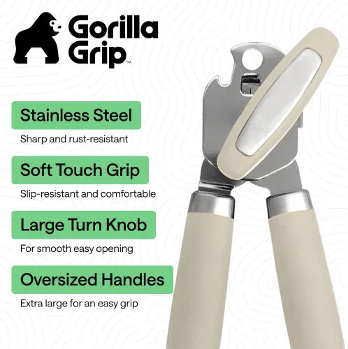 Vista 2 de GORILLA GRIP - Abridor de latas manual de acero inoxidable resistente con borde liso y abridor de botellas, mango suave y cómodo, perilla giratoria