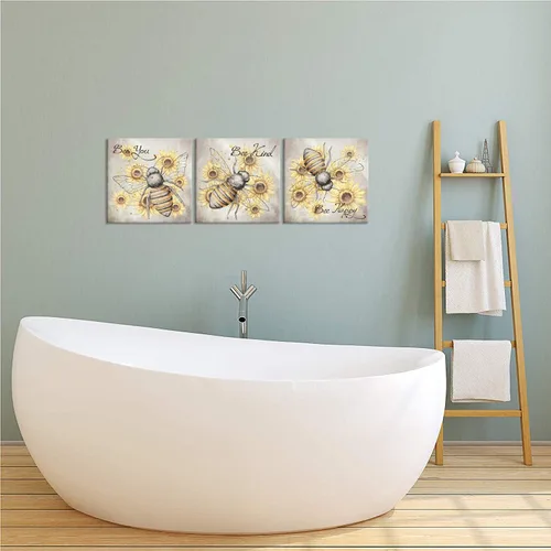 Vista 5 de iHAPPYWALL 3 piezas de lienzo de abeja de miel, arte de pared, diseño de girasol y citas motivacionales, ilustraciones para cocina, dormitorio