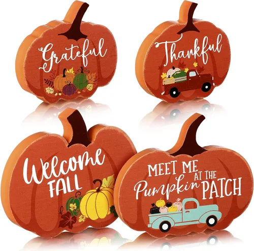 Vista 8 de Jetec 4 piezas de decoración de otoño para decoración de Acción de Gracias, letreros de calabaza de madera rústica para decoración de bandejas